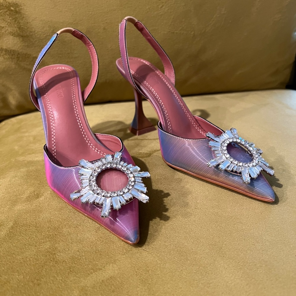 Amina Muaddi crystal satin pointed toe pumps triangle high heeled sling backs